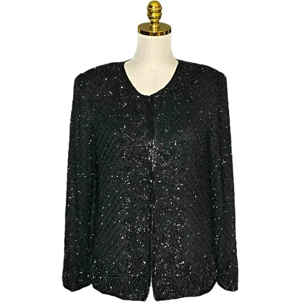 LAURENCE KAZAR | Black Vintage Beaded Sequin 100% Silk Jacket Size L